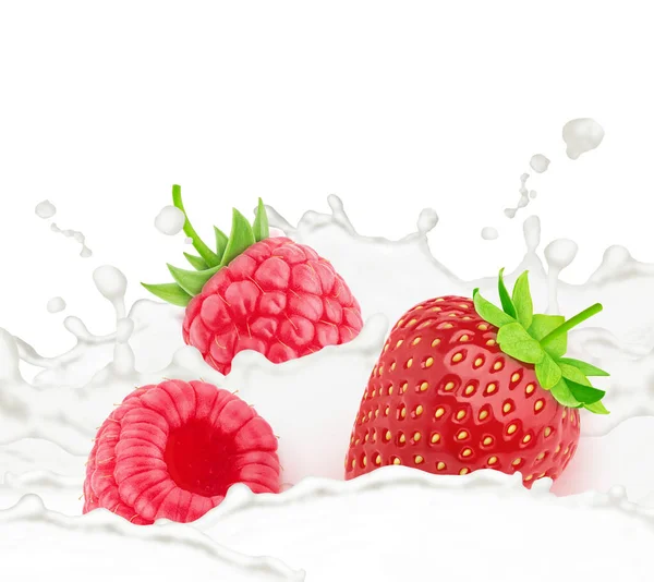 牛奶中的草莓和覆盆子在白色背景下被分离出来. — 图库照片