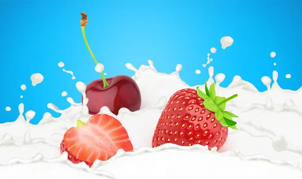 在蓝色背景下分离的牛奶中的草莓和樱桃. — 图库照片