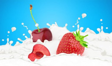 Çilekli ve kirazlı süt lekeleri mavi arka planda izole edilmiş..