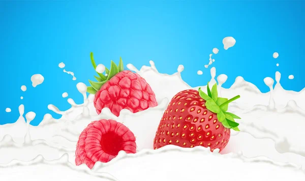 牛奶中的草莓和覆盆子，在蓝色背景下被分离出来. — 图库照片