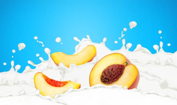 Cutted peach in milk splashes isolated on a blue background.