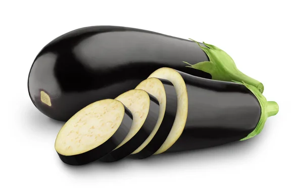 Gesneden en hele aubergine of aubergine geïsoleerd op een witte achtergrond. — Stockfoto