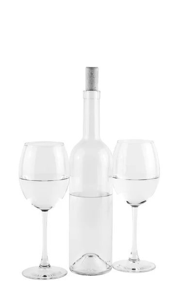 Isolierte Flasche und Gläser mit Wasser — Stockfoto