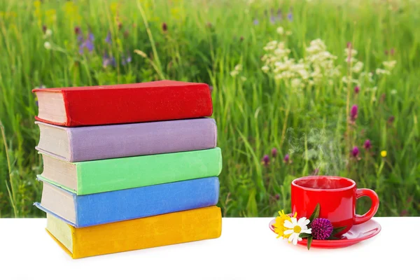 Masada çok renkli kitap yığını ve bir tabak üzerinde sıcak çay kırmızı bir fincan
