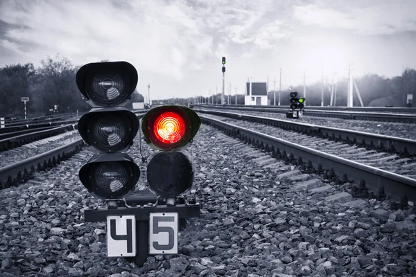 Traffic light shows red signal on railway. Prohibiting signal. — Stock Photo, Image