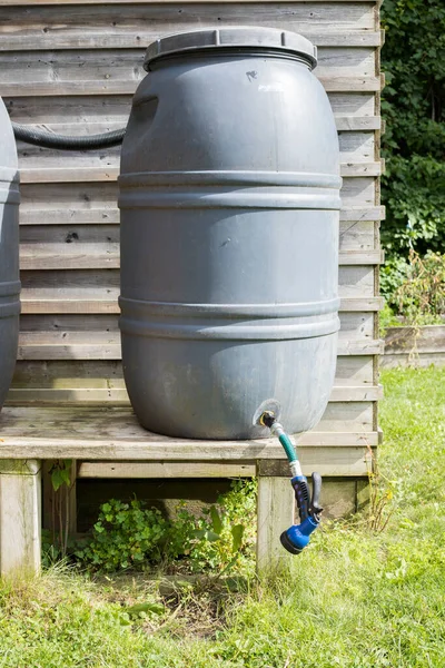 Water barrel in community garden. Gardening tool to water plants on a farm.