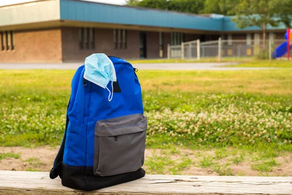 School backpack with medical mask on the old wooden bench. Elementary school in the background. Back to school during corona virus pandemic concept.