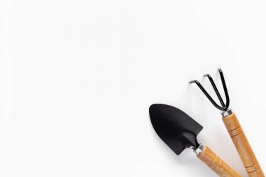 Gardening tools on white background. Small shovel, scapula and rake for planting
