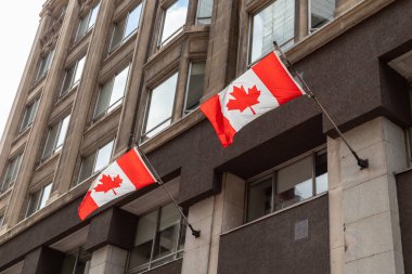 Kanada 'nın Ottawa şehrinin merkezindeki binaya bağlı Kanada bayrakları rüzgarda dalgalanıyor..