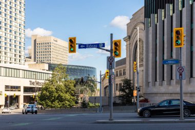 Ottawa, Canada - August 2, 2021: Rideau street with traffic lights in downtown of Ottawa, Canada