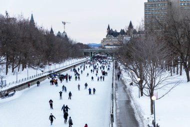 Ottawa, Kanada - 8 Şubat 2025: İnsanlar kış aylarında Rideau Kanalı 'nda buz pateni yapıyorlar.