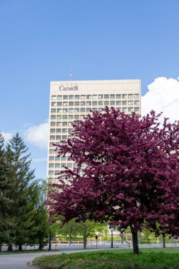 Ottawa, Kanada - 16 Mayıs 2024: İlkbaharda şehir merkezinde hükümet binası. Kanada 'nın başkentinde Ulusal Savunma Merkezi ve Konfederasyon Parkı
