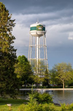 Smiths Falls, Kanada - 25 Mayıs 2025: Smiths Falls su kulesi Ontario 'da ilkbahar ağaçlarıyla çevrili