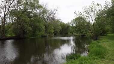 Bahar mevsiminde havuz, rüzgarlı bulutlu bir günde parkta. Yeşil ormanın içinden akan manzara nehri.