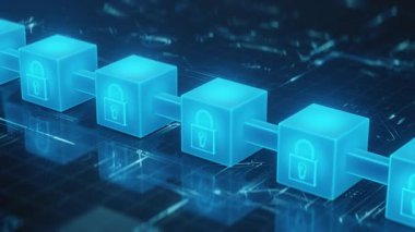 Dijital güvenliği, veri korumasını, kripto para birimini, güvenli ağ teknolojisini sembolize eden asma kilit simgeleriyle parlayan blok küpleri. Soyut, geleceksel arkaplan.