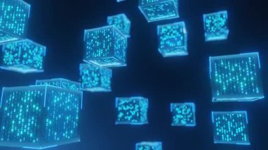 Soyut engelleme zinciri kavramı. Yüzen ikili kodlu dijital veri küpleri merkezi olmayan ağı, kripto para birimini ve güvenli bilgiyi temsil ediyor. Modern teknoloji, yapay zeka, büyük veri teması.