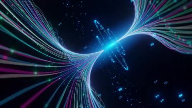 Soyut Yapay Zeka sinir ağı Büyük Veri kavramını öğreniyor. Dinamik renkli veri akışı, birbirine bağlı çizgiler, ikili kod. Modern teknolojiyi, makine öğrenmesini temsil eder..