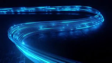Dinamik mavi fiber optik ışık yolları. Yüksek hızlı veri iletimi, küresel dijital ağ, internet iletişim teknolojisi. Modern teknoloji temaları için soyut arkaplan.