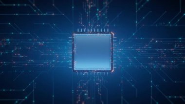3D görüntüleme: Koyu mavi devre arkaplanındaki fütürist mikroçip işlemcisi. Dijital veri akışı, yapay zeka, teknoloji, ağ, bilgisayar konsepti. Yenilik, bilim ve elektronik için ideal zemin.