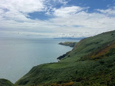 Bereketli yeşil tepeler sakin bir denize doğru uzanır, yumuşak dalgaların kayalık kıyıya doğru uzandığı yere. Bir deniz feneri, açık gökyüzünün altında tüylü beyaz bulutlar tarafından çerçevelenmiş, uzak bir noktada nöbet tutar..