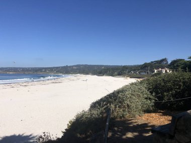 Kumlu sahil, parlak güneşin altında uzanır. Hafif dalgalar kıyıya vurur. İnsanlar sıcak havanın tadını çıkarırken, yemyeşil yeşil kıyı şeridini çevreleyecek..