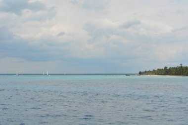 Sakin denizde süzülen yelkenliler gibi yumuşak dalgalar kıyıya vuruyor. Yeşil yemyeşil ağaçlar kumsalı çevreleyip bulutlu gökyüzünün altında rahatlatıcı bir tropikal atmosfer yaratıyor..