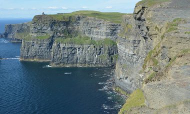 Yükselen uçurumlar derin mavi denizin yanında gururla durur, yeşil çimenler kayalık çıkıntıların arasından süzülür. Huzurlu sahne doğanın güzelliğini yakalar ve keşfi davet eder..