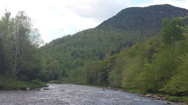 Huzurlu bir nehir, arka planda yüksek dağlar bulunan canlı yeşil bir vadi boyunca esiyor. Yumuşak bulutlar, doğa severler için huzurlu bir atmosfer sağlar..