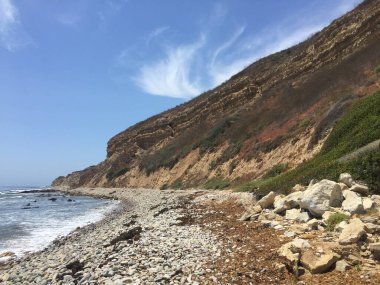 Sahne, suyun kenarına yayılmış pürüzsüz çakıl taşlarıyla engebeli bir kıyı şeridini gösteriyor. Dik kayalıklar görkemli bir şekilde yükseliyor, yeşillik yamaçlarından dökülüyor..