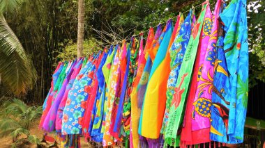 Parlak renklerde atkıların canlı bir görüntüsü güneşin altında ılık bir esintide dalgalanan bir çizgide asılı duruyor. Bereketli ağaçlar, sahnenin cazibesini artırmak için güzel bir zemin görevi görür..