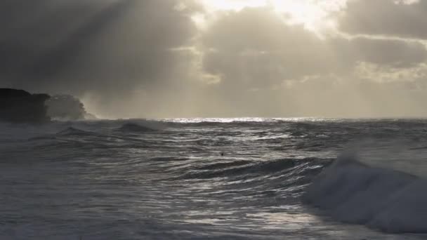 Centro Surfista Solitário Irreconhecível Tela Remando Durante Nascer Sol Tempestuoso — Vídeo de Stock