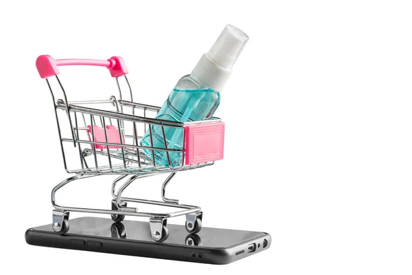 Alcohol Spray Shopping Cart Black Smartphone Isolated White Background Online — Stock Photo, Image