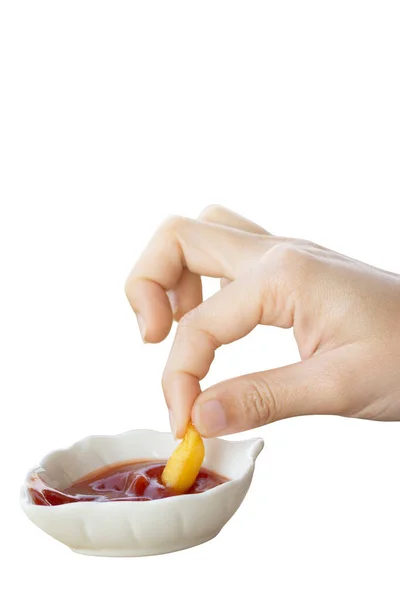 Hand Holding French Fries Dipped Tomato Sauce Paper Cup White — Stock Photo, Image