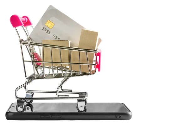 Papieren Doos Creditcard Winkelwagen Zwarte Smartphone Geïsoleerd Witte Achtergrond Online — Stockfoto