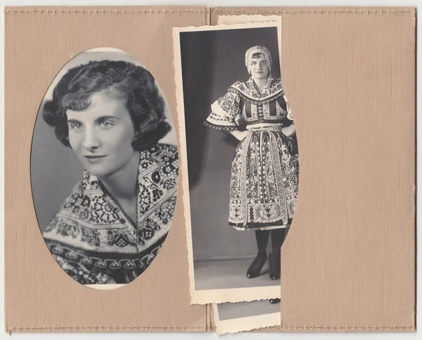 Vintage foto mostra set di foto mostrano donna in un costume popolare . — Foto Stock