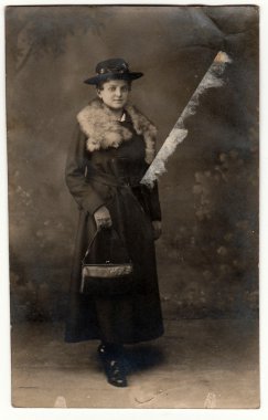 The vintage photo shows young woman wears an elegant coat with fur scarf, ladies wide-brimmed hat and holds handbag. The studio photography with sepia effect was taken in pre-twenties. clipart