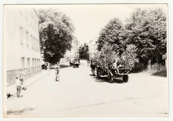 Foto retro muestra a la gente montar en la celebración de bodas rurales. Fotografía vintage en blanco y negro . — Foto de Stock