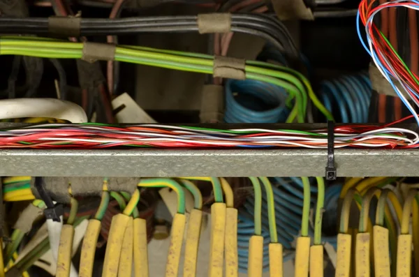 Conjuntos de cables eléctricos (conductores de fase y neutros) en una placa de distribución eléctrica . —  Fotos de Stock