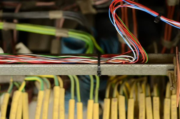 Faisceaux de fils électriques (conducteurs de phase et conducteurs neutres) dans un tableau de distribution électrique . — Photo