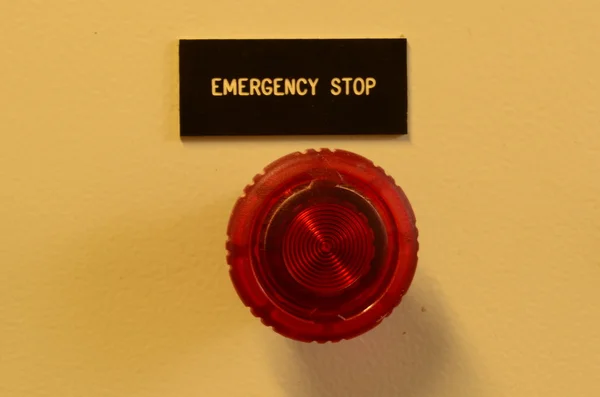 Vészleállító. Piros jel gomba vészstop. Nyomógomb, kapcsoló station. — Stock Fotó