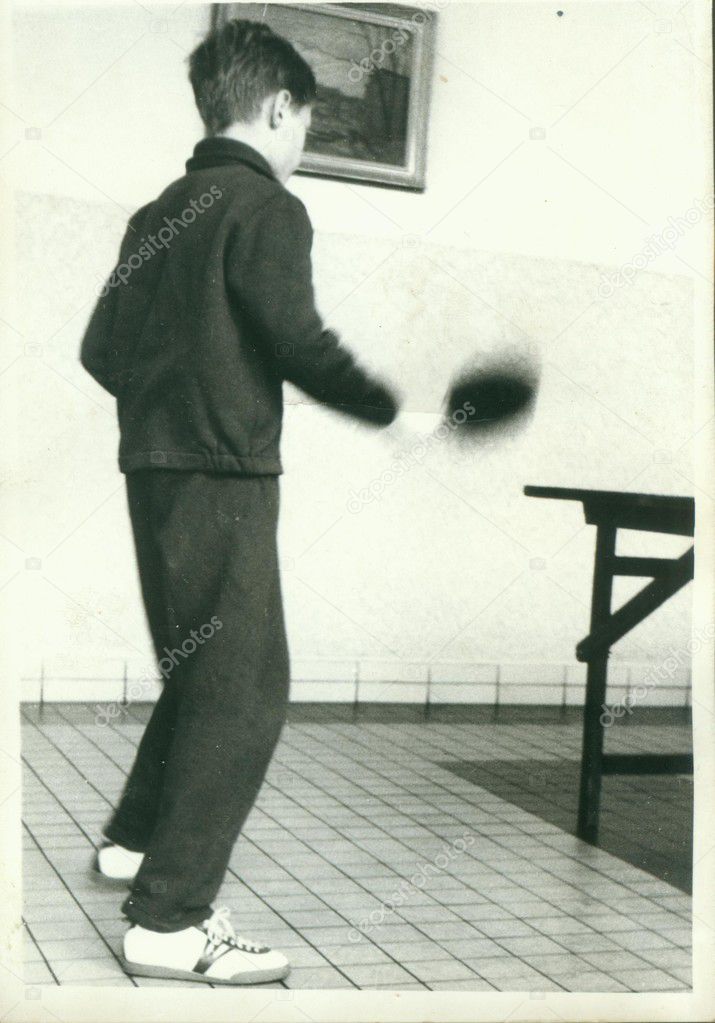 Retro Photo Shows Young Boy Plays Table Tennis Ping Pong Vintage Retro Photo Shows Young Boy Plays Table Tennis Ping Pong Vintage Black