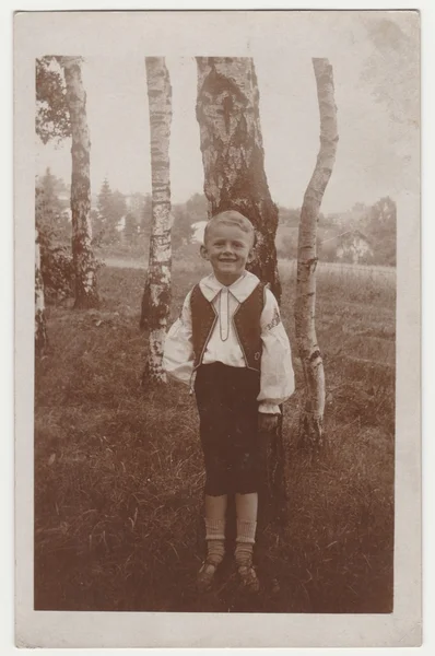 Vintage zdjęcie pokazuje małego chłopca na zewnątrz. Srebrne Birches są na tle. Retro czarny & biały Fotografia. — Zdjęcie stockowe