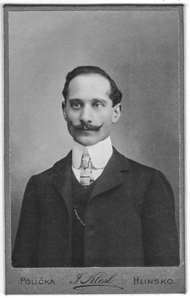 Vintage cabinet card mostra il ritratto dell'uomo di mezza età con i baffi. La foto è stata scattata in uno studio fotografico. — Foto Stock