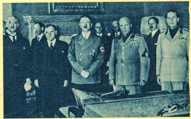 MUNICH, GERMANY - SEPTEMBER 29, 1938: Munich agreement - Czechoslovakia has ceased to exist. From left - Neville Chamberlain, Great Britain douard Daladier, France Adolf Hitler, Nazi Germany and Benito Mussolini , fascistic Italy. clipart