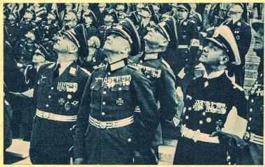 GERMANY - 1938: Senior German military commanders General Walther von Brauchitsch, General Wilhelm Keitel and Admiral Erich Raeder, 1938. Tag der wehrmacht. clipart