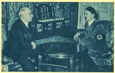 BERLIN, GERMANY - MARCH 14, 1939: Adolf Hitler in conversation with Emil Hacha. March 15, 1939, Hacha signed a document with which he placed the fate of the Czech people and country in the hands of the leader of the German Reich. clipart
