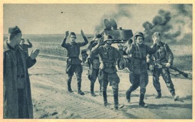 RUSSIA - JUNE 22, 1941: German forces launched Operation Barbarossa, the Axis invasion of the Soviet Union. The Soviet soldiers are captured by German troops. On the background is detroyed an army tank clipart