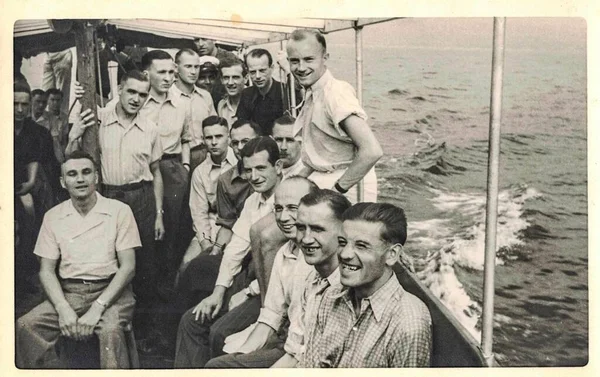 Germany 1942 Vintage Photo Shows Group Men Pose Ship Cruise — Stock Photo, Image