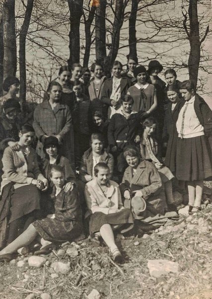 GERMANY 1927: Vintage photo shows group of girls pose outdoors. Black and white photo. Circa 1930s.