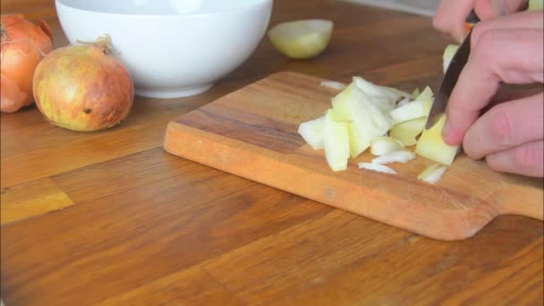 लकड़ी के काटने बोर्ड पर सफेद प्याज काटने के लिए रसोई चाकू का उपयोग करने वाला पुरुष हाथ। आदमी घर में रसोईघर में भोजन तैयार कर रहा है। पाक अवधारणा — स्टॉक वीडियो